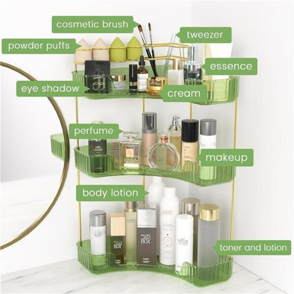 Green 3 tier corner makeup organizer with brush holder vanity storage shelf - Picture 5 of 7